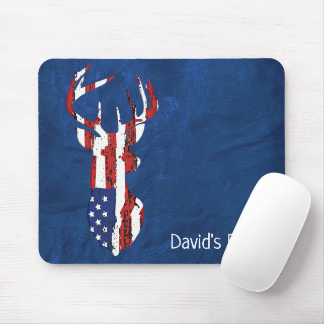 American Flag Deer On Blue Leather Mouse Pad (With Mouse)