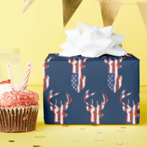 American Flag Deer On Blue Wrapping Paper