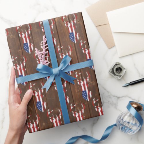 American Flag Deer On Wood  Wrapping Paper