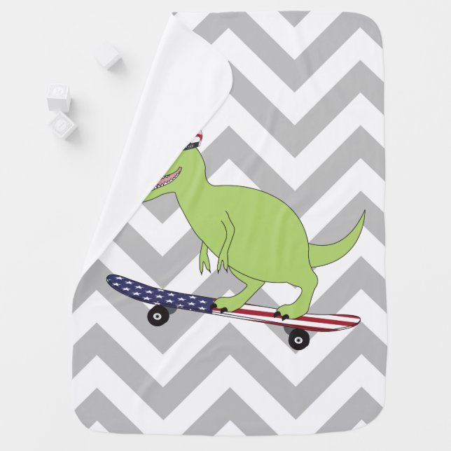 American Flag Dinosaur Skateboarding Baby Blanket (In Situ)