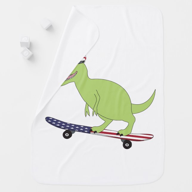 American Flag Dinosaur Skateboarding Baby Blanket (In Situ)