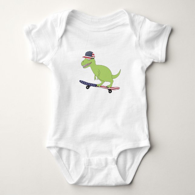 American Flag Dinosaur Skateboarding Baby Bodysuit (Front)
