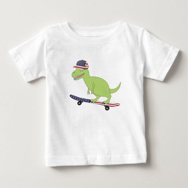 American Flag Dinosaur Skateboarding Baby T-Shirt (Front)