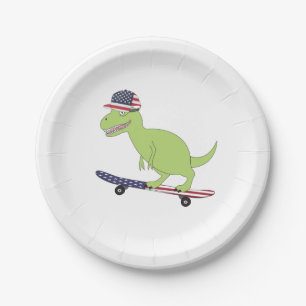 American Flag Dinosaur Skateboarding Paper Plates