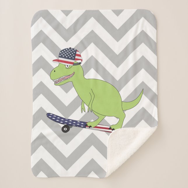American Flag Dinosaur Skateboarding Sherpa Blanket (Front)