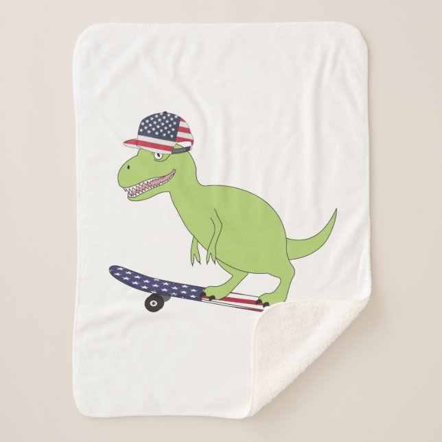 American Flag Dinosaur Skateboarding Sherpa Blanket (Front)