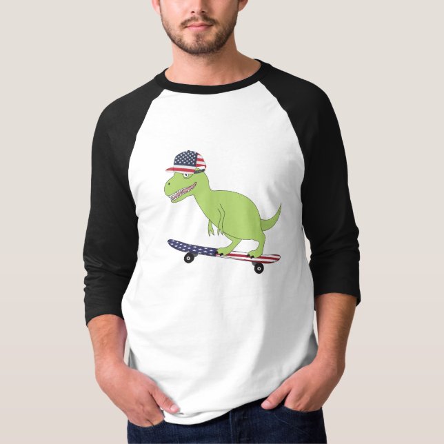 American Flag Dinosaur Skateboarding T-Shirt (Front)