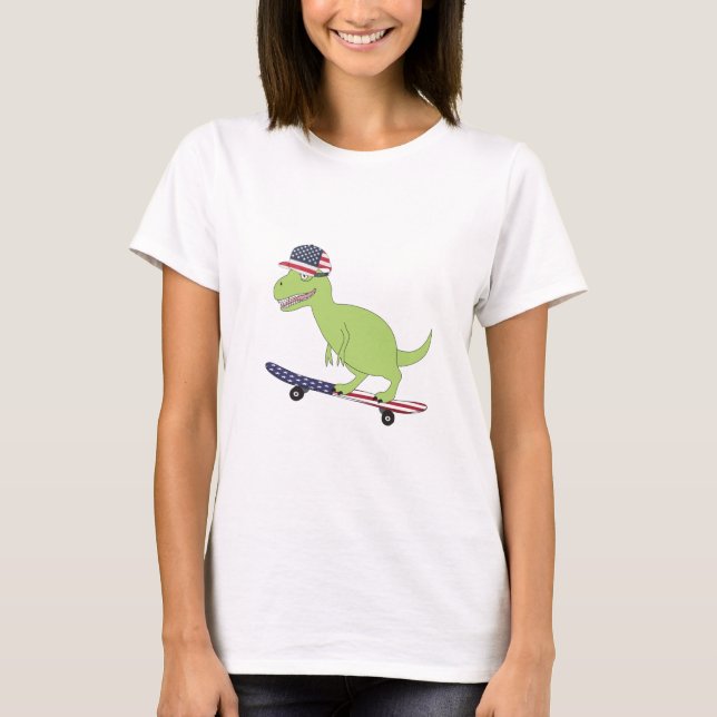 American Flag Dinosaur Skateboarding T-Shirt (Front)