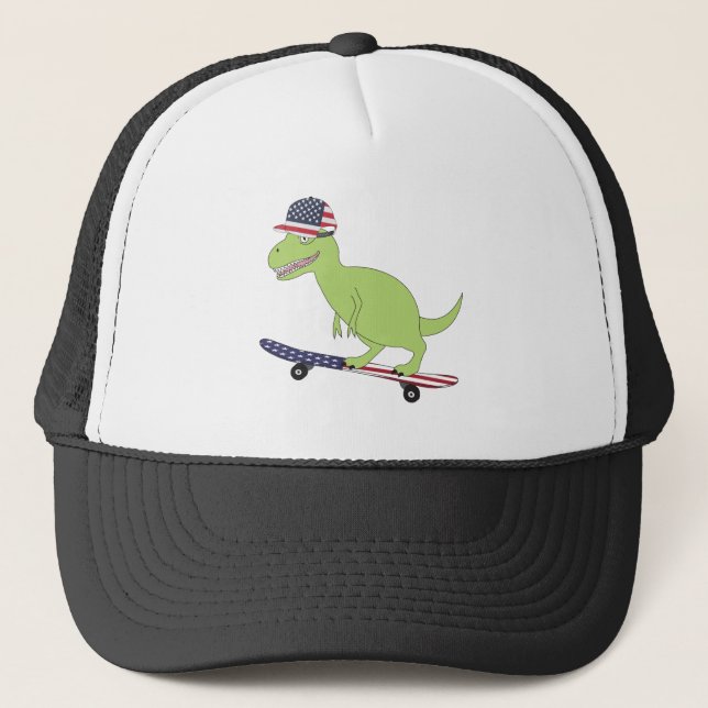 American Flag Dinosaur Skateboarding Trucker Hat (Front)
