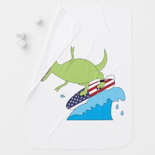 American Flag Dinosaur Surfing Baby Blanket