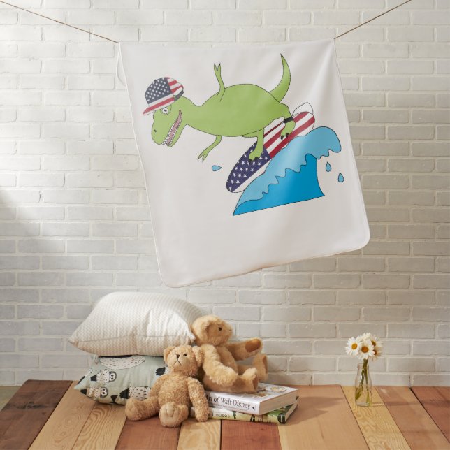 American Flag Dinosaur Surfing Baby Blanket (In Situ)