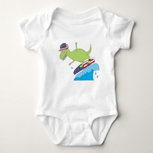 American Flag Dinosaur Surfing Baby Bodysuit