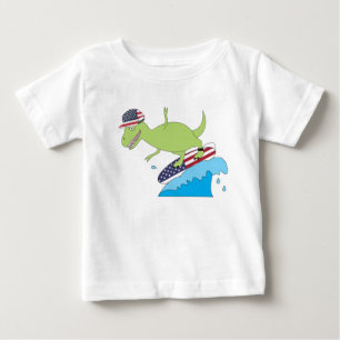 American Flag Dinosaur Surfing Baby T-Shirt