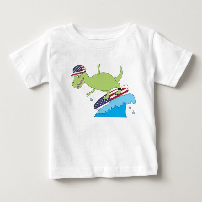 American Flag Dinosaur Surfing Baby T-Shirt (Front)