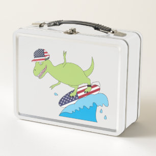 American Flag Dinosaur Surfing Metal Lunch Box