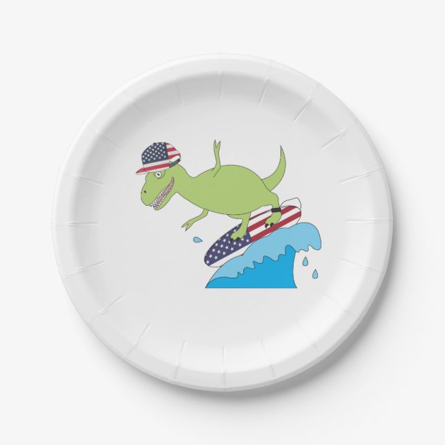 American Flag Dinosaur Surfing Paper Plates (Front)