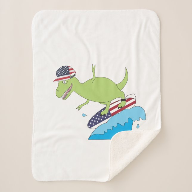 American Flag Dinosaur Surfing Sherpa Blanket (Front)