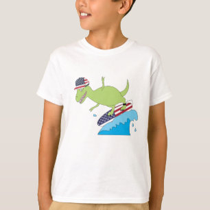 American Flag Dinosaur Surfing T-Shirt