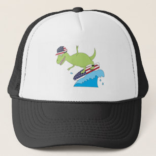 American Flag Dinosaur Surfing Trucker Hat