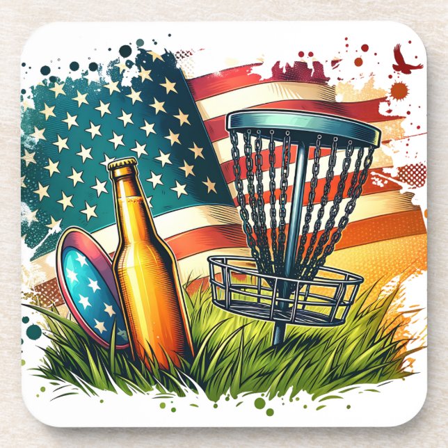 American Flag Disc Golf and Beer Beverage Coaster (Front)