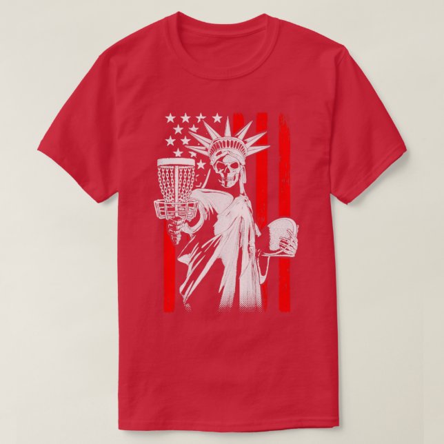 American Flag Disc Golf Player Skeleton Statue Of  T-Shirt (Design Front)