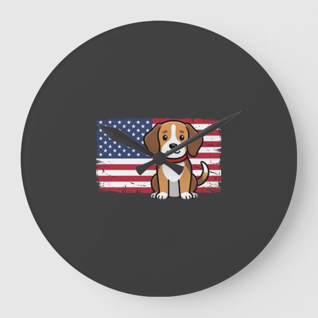 American Flag Dog Patriotic Vector Large Clock (Front)