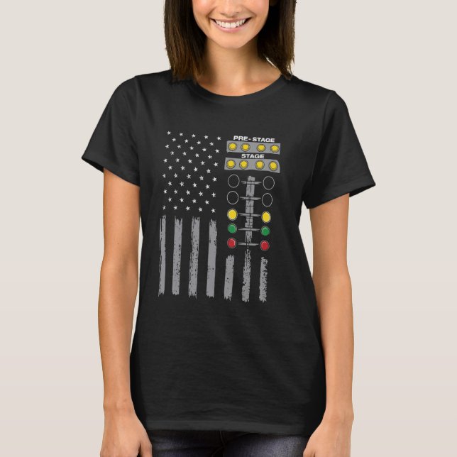 American Flag Drag Strip Auto Tree Light Racecar D T-Shirt (Front)