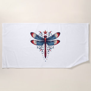 American Flag Dragonfly Patriotic 4th of July Red Beach Towel