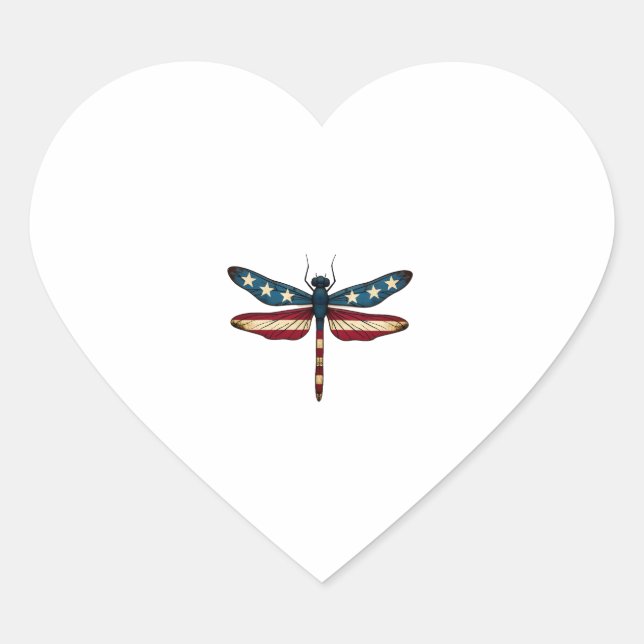 American Flag Dragonfly Patriotic 4th of July Red  Heart Sticker (Front)