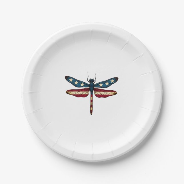 American Flag Dragonfly Patriotic 4th of July Red  Paper Plates (Front)
