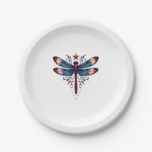 American Flag Dragonfly Patriotic 4th of July Red Paper Plates