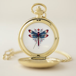 American Flag Dragonfly Patriotic 4th of July Red  Pocket Watch