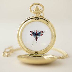 American Flag Dragonfly Patriotic 4th of July Red  Pocket Watch