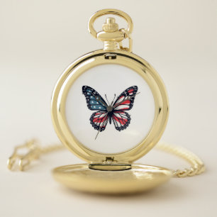 American Flag Dragonfly Patriotic 4th of July Red Pocket Watch