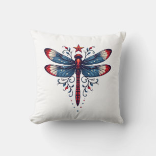 American Flag Dragonfly Patriotic 4th of July Red  Throw Pillow