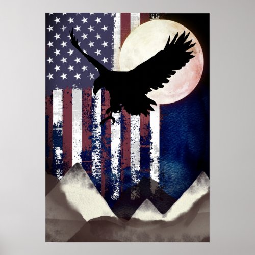 American Flag Eagle and Full Moon over Mountains  Poster