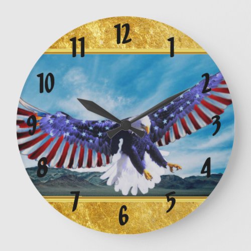 American flag Eagle flying in the sky gold foil Large Clock
