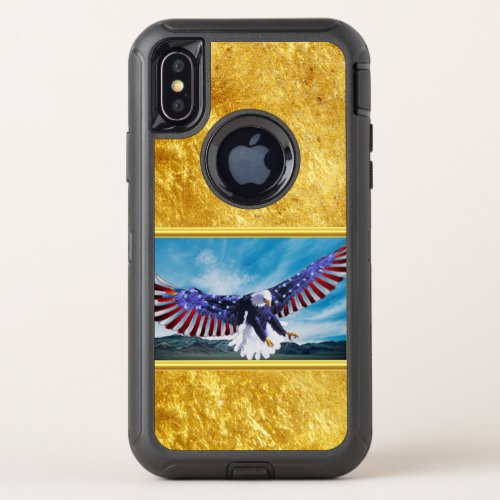 American flag Eagle flying in the sky gold foil OtterBox Defender iPhone X Case