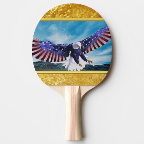 American flag Eagle flying in the sky gold foil Ping Pong Paddle