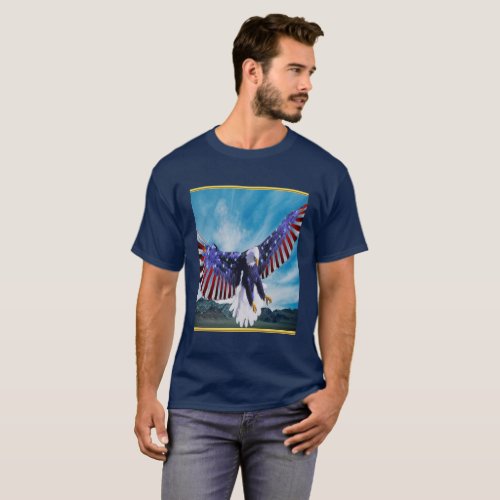 American flag Eagle flying in the sky gold foil T_Shirt