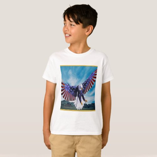 American flag Eagle flying in the sky gold foil T_Shirt