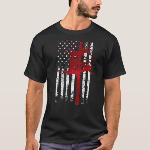 American Flag Electric Cable Lineman T_Shirt