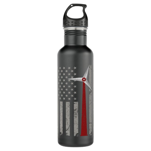 American Flag Engineer Wind Turbine Stainless Steel Water Bottle (Front)