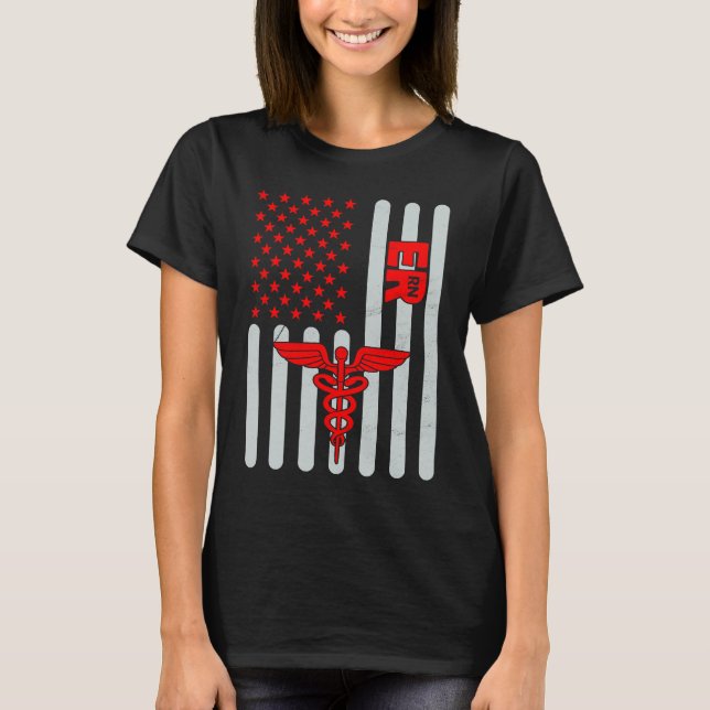 American Flag ER Nurse Emergency Nursing Assistant T-Shirt (Front)
