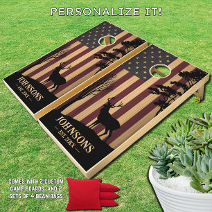 American Flag Family Monogram Deer Hunting Cornhole Set