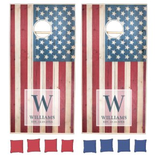 American Flag | Family Monogram | Wood Styled Cornhole Set