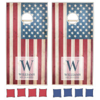 American Flag | Family Monogram | Wood Styled Cornhole Set