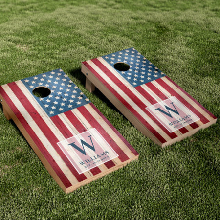 American Flag | Family Monogram | Wood Styled Cornhole Set