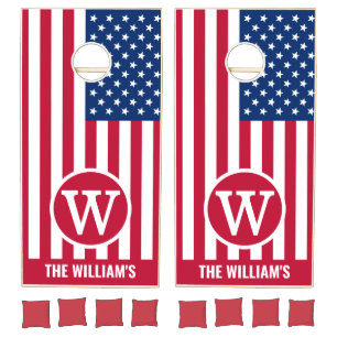 American Flag Family Name Monogram Cornhole Set