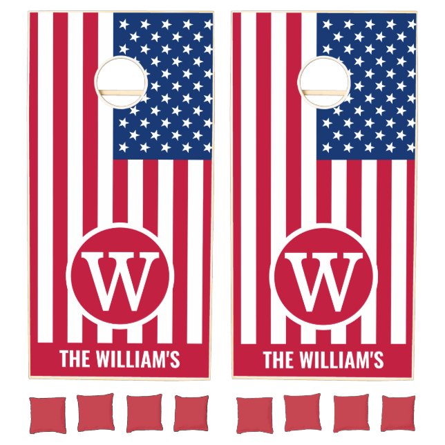 American Flag Family Name Monogram Cornhole Set (Set)